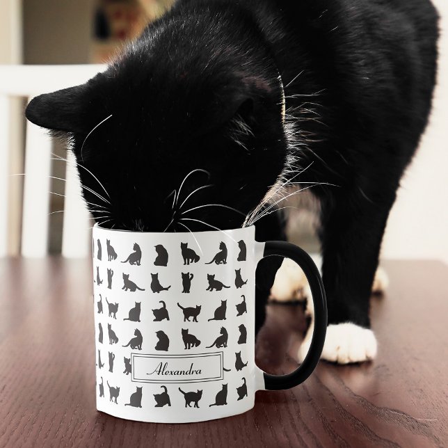 Cats in Black Silhouette Pattern with First Name Mug (Creator Uploaded)