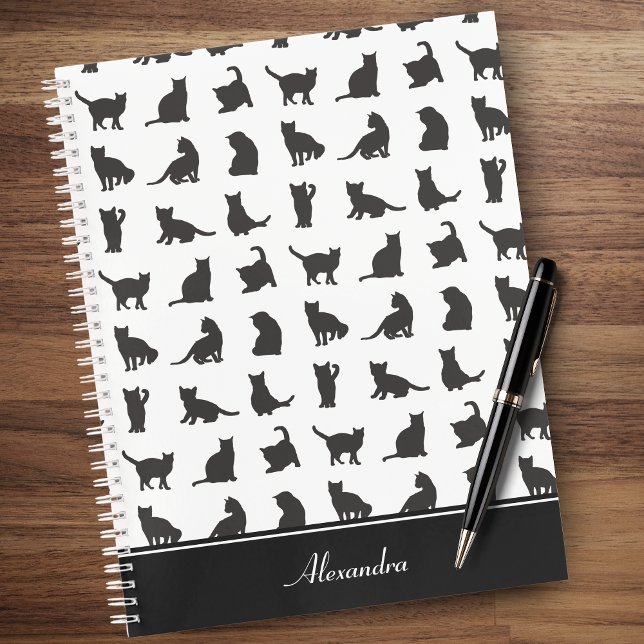Cats in Black Silhouette Pattern with First Name Notebook (Creator Uploaded)
