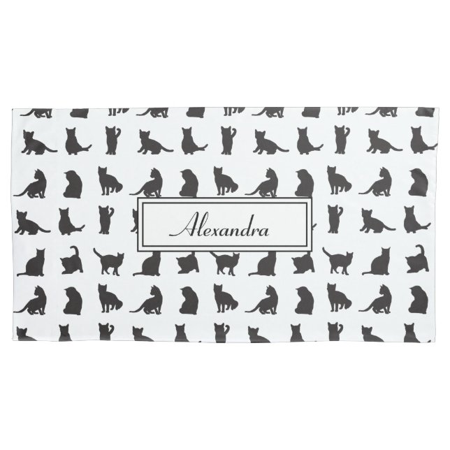 Cats in Black Silhouette Pattern with First Name Pillowcase (Front)