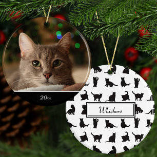 Cats in Black Silhouette w Name + Photo Christmas Ceramic Tree Decoration