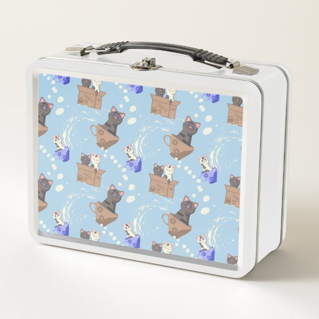 Cats in box and milk drops on blue (Front)