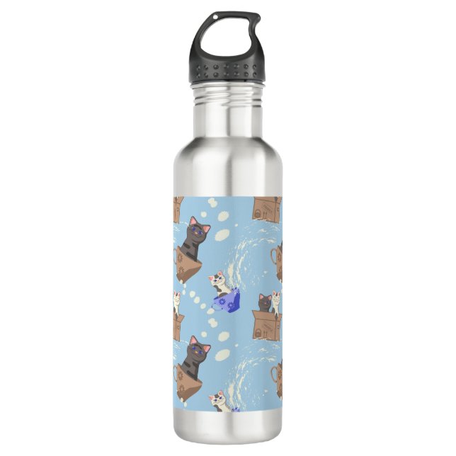 Cats in box and milk drops on blue 710 ml water bottle (Front)