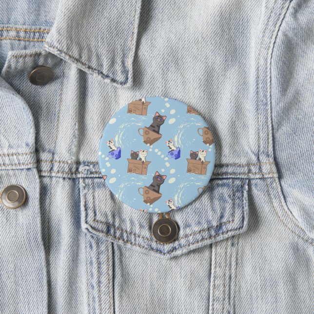 Cats in box and milk drops on blue 7.5 cm round badge (In Situ)