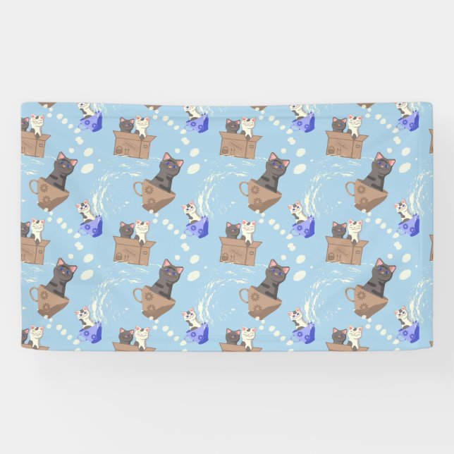 Cats in box and milk drops on blue banner (Horizontal)
