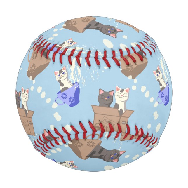 Cats in box and milk drops on blue baseball (Front)