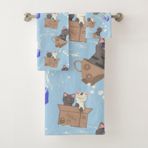 Cats in box and milk drops on blue bath towel set