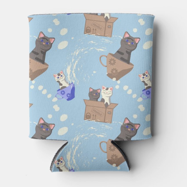 Cats in box and milk drops on blue can cooler (Front)