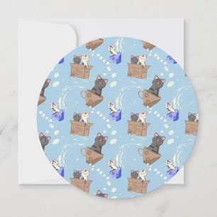 Cats in box and milk drops on blue card