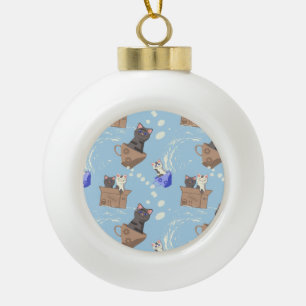 Cats in box and milk drops on blue ceramic ball christmas ornament