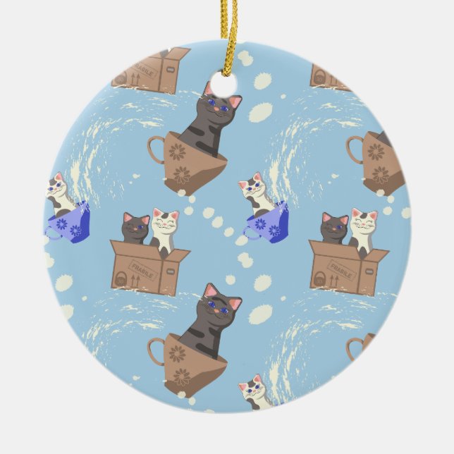 Cats in box and milk drops on blue ceramic tree decoration (Front)