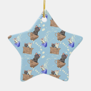 Cats in box and milk drops on blue ceramic tree decoration