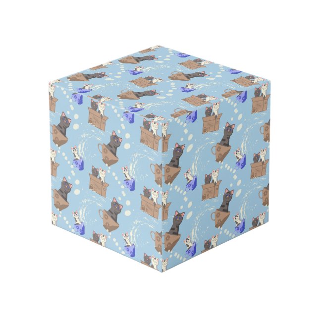 Cats in box and milk drops on blue cube (Front Angled)