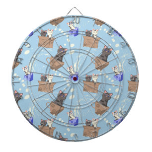 Cats in box and milk drops on blue dartboard
