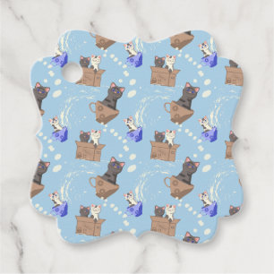 Cats in box and milk drops on blue favour tags
