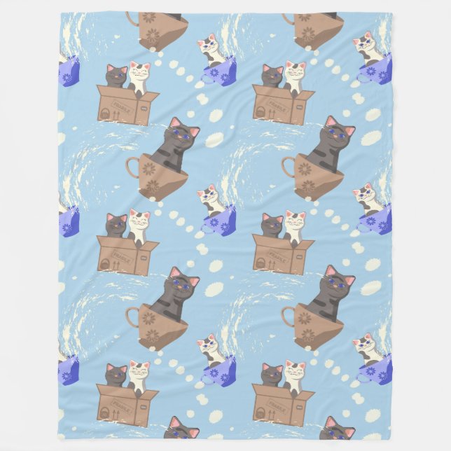 Cats in box and milk drops on blue fleece blanket (Front)
