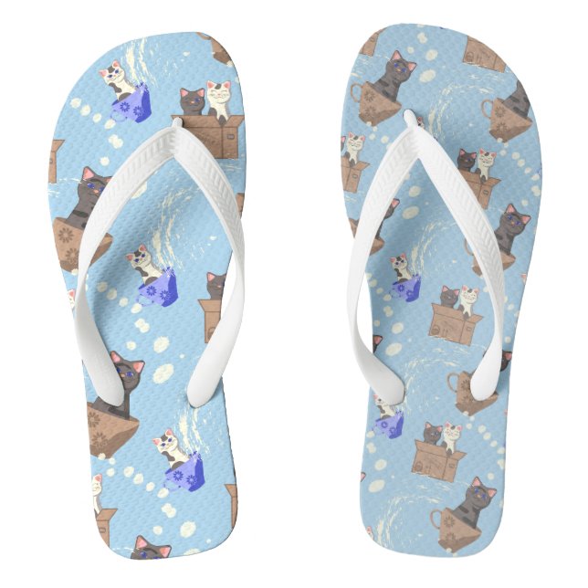Cats in box and milk drops on blue flip flops (Footbed)