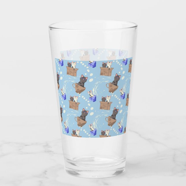 Cats in box and milk drops on blue glass (Front)