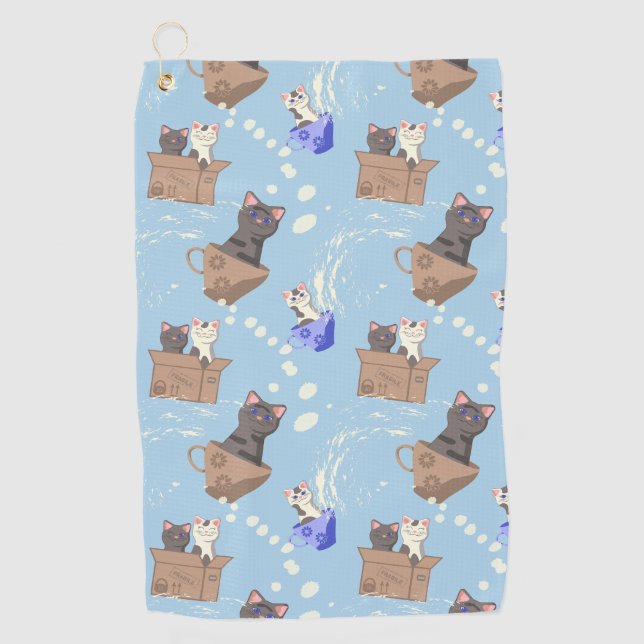 Cats in box and milk drops on blue golf towel (Front)