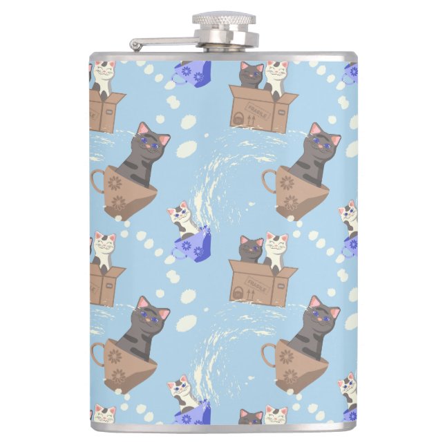 Cats in box and milk drops on blue hip flask (Front)