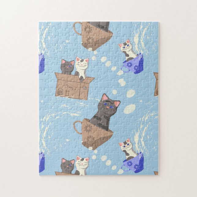 Cats in box and milk drops on blue jigsaw puzzle (Vertical)