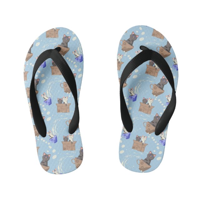 Cats in box and milk drops on blue kid's flip flops (Footbed)