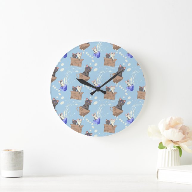 Cats in box and milk drops on blue large clock (Home)