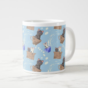 Cats in box and milk drops on blue large coffee mug