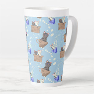 Cats in box and milk drops on blue latte mug