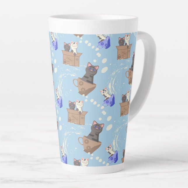 Cats in box and milk drops on blue latte mug (Right Angle)