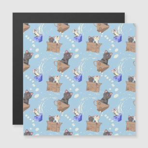 Cats in box and milk drops on blue magnetic invitation