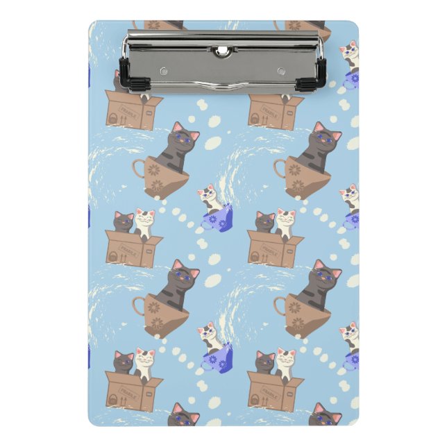 Cats in box and milk drops on blue mini clipboard (Front)