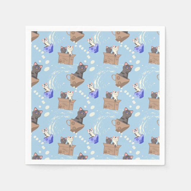 Cats in box and milk drops on blue napkin (Front)