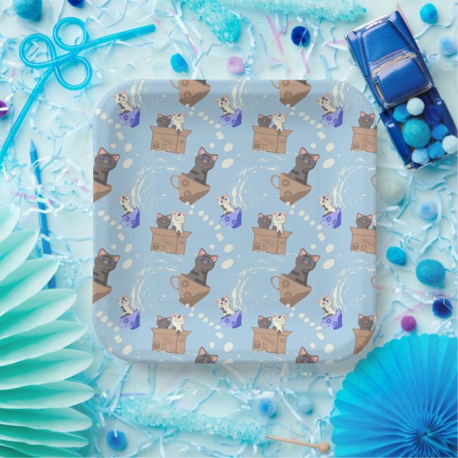 Cats in box and milk drops on blue paper plate (Party)