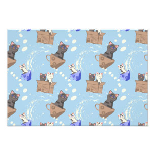 Cats in box and milk drops on blue photo print