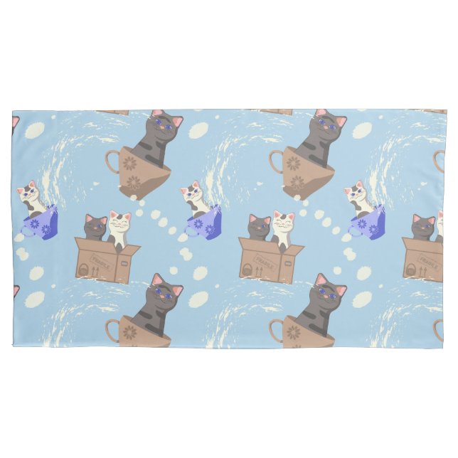 Cats in box and milk drops on blue pillowcase (Front)