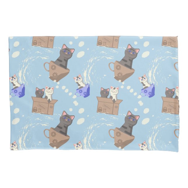 Cats in box and milk drops on blue pillowcase (Front-Left)