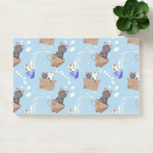 Cats in box and milk drops on blue post-it notes