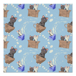 Cats in box and milk drops on blue poster