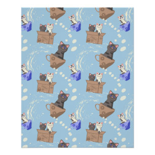 Cats in box and milk drops on blue poster