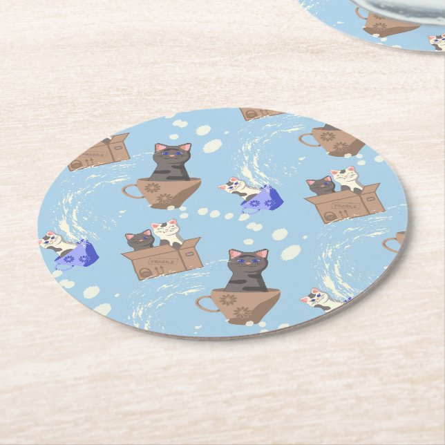 Cats in box and milk drops on blue round paper coaster (Angled)