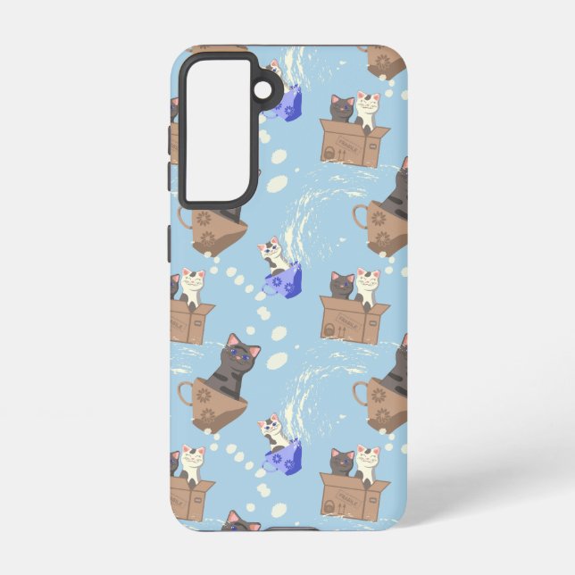 Cats in box and milk drops on blue samsung galaxy s21 case (Back)