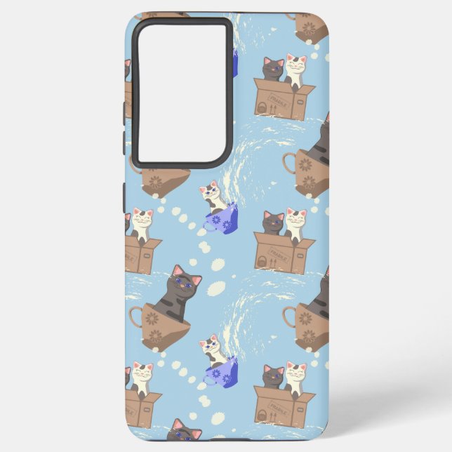 Cats in box and milk drops on blue samsung galaxy s21 ultra case (Back)