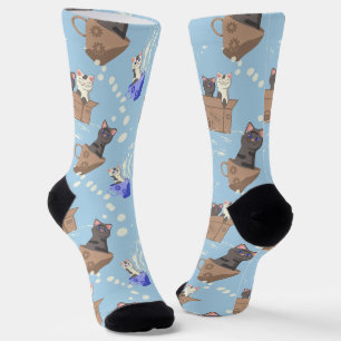 Cats in box and milk drops on blue socks