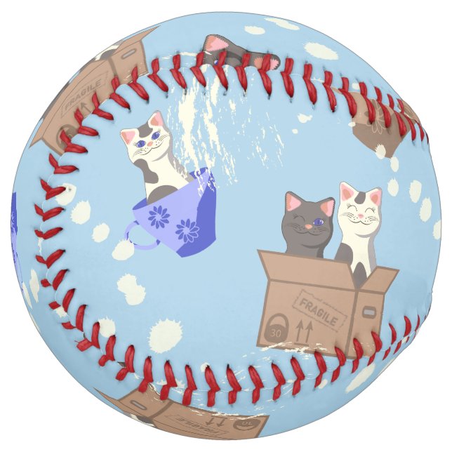 Cats in box and milk drops on blue softball (Front Left)