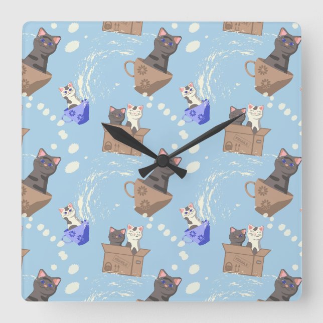 Cats in box and milk drops on blue square wall clock (Front)