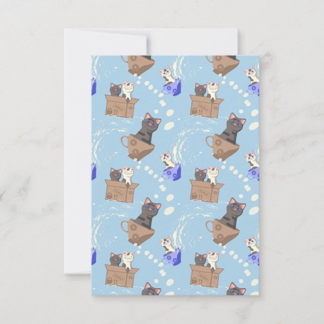 Cats in box and milk drops on blue thank you card (Front)