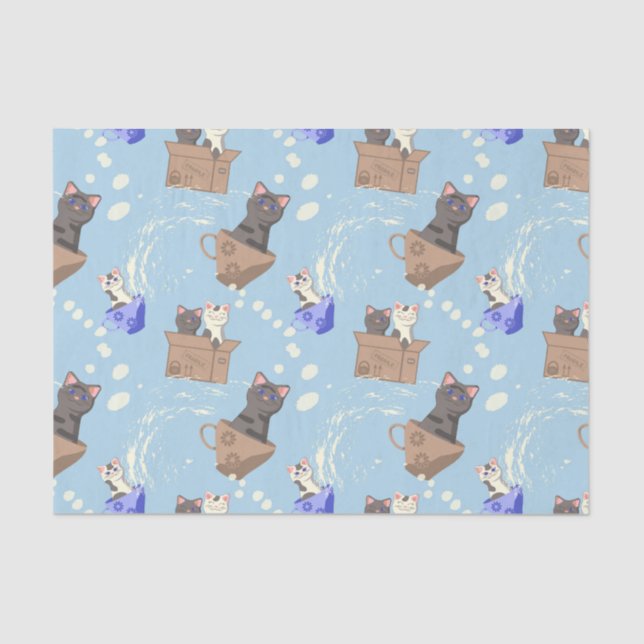 Cats in box and milk drops on blue tissue paper (Front)