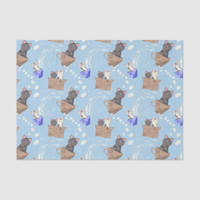 Cats in box and milk drops on blue tissue paper (Front)