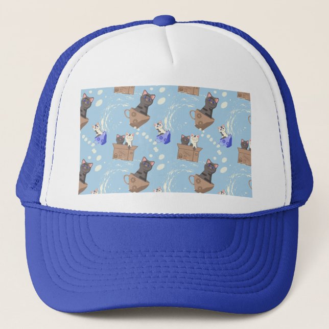 Cats in box and milk drops on blue trucker hat (Front)