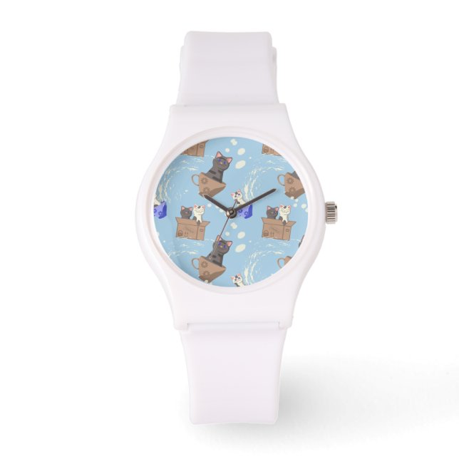 Cats in box and milk drops on blue watch (Front)